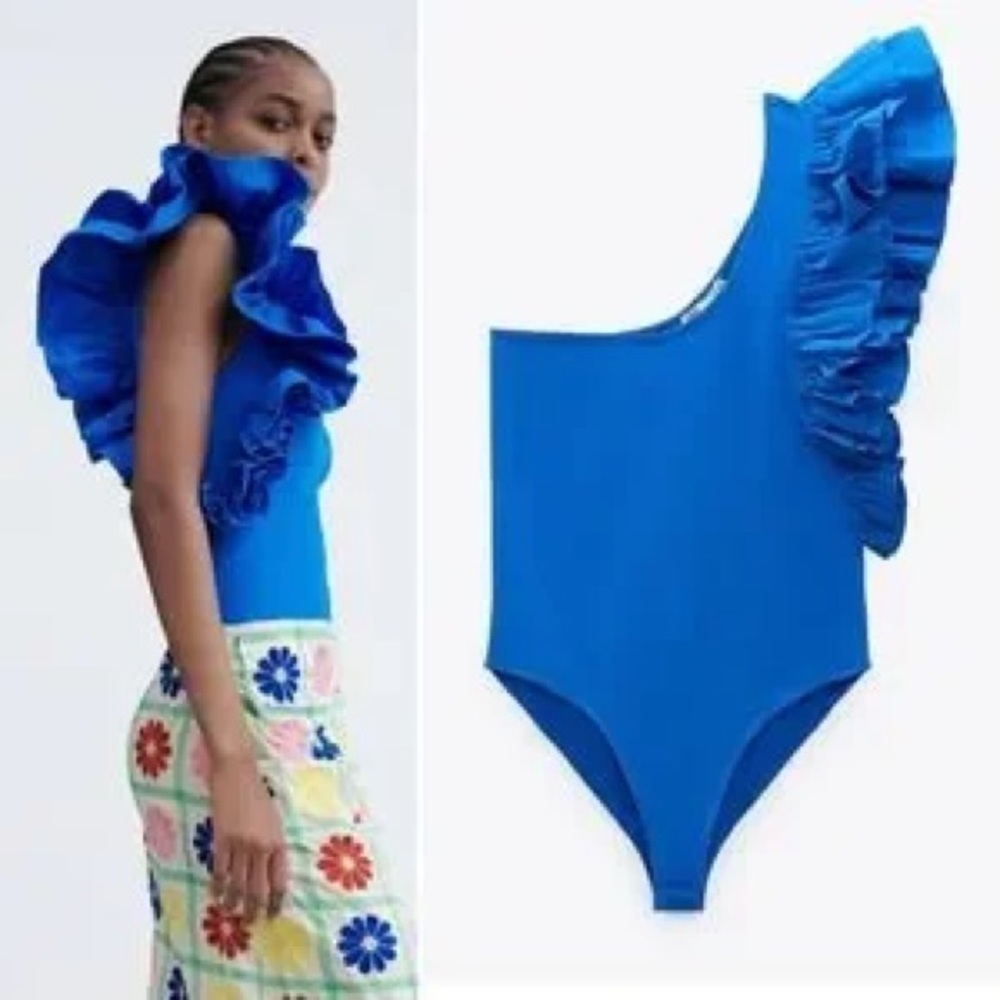 Zara Blue or green one shoulder Ruffled Bodysuit